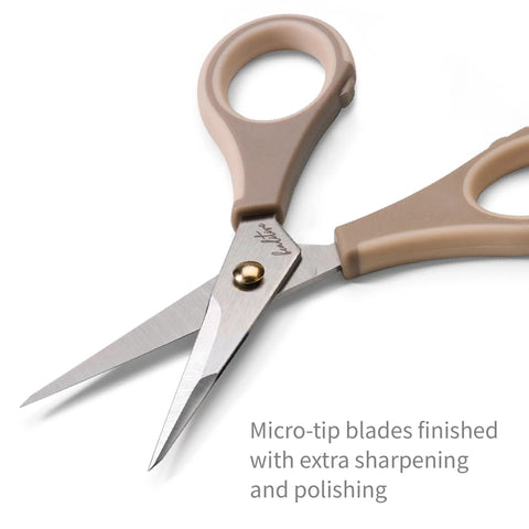 Ultra Sharp Precision Craft Scissors With Stainless Steel Blades And Non Slip TPR Handles, Scrapbooking Scissors For Adults And Kids With Safety Cap, Ideal For Home Office School Milk Tea Color, micro-tip blades close-up