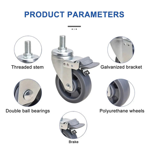 Detailed view of Heavy Duty Swivel Caster Wheels With Top Plate And Brake for Furniture and Workbench, showing features like threaded stem and PU wheels.