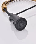 Close-up of oil rubbed bronze farmhouse kitchen faucet with pull down and pull out sprayer, 59 inch hose, industrial spring, solid brass
