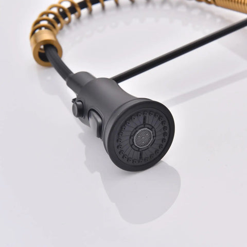 Close-up of oil rubbed bronze farmhouse kitchen faucet with pull down and pull out sprayer, 59 inch hose, industrial spring, solid brass