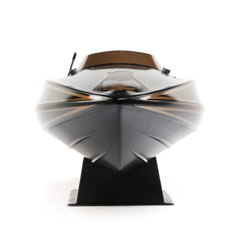 Front view of Heatwave Recoil 2 V2 26 Self Righting Brushless RTR RC Boat with deep V hull design on display stand