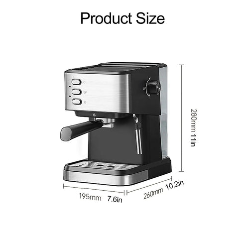 Next Level Counter Slick Semi Automatic Espresso Machine featuring precision temperature control, size dimensions displayed.
