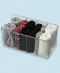Top Shelf Crystal Clear Acrylic Belt Organizer With Removable Dividers Stackable Storage Bin For Ties Watches Jewelry Display Sleek Closet Drawer Arrangement Essential Accessory Holder Pro Move For Your Space holding rolled socks.