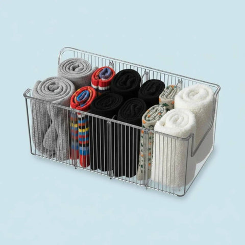 Top Shelf Crystal Clear Acrylic Belt Organizer With Removable Dividers Stackable Storage Bin For Ties Watches Jewelry Display Sleek Closet Drawer Arrangement Essential Accessory Holder Pro Move For Your Space holding rolled socks.