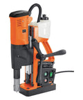 Heavy Duty Portable Magnetic Drill Press With 10 1/4 Inches Of Travel For Precision Metal Work Featuring A 9.5 Amp Motor And 120 Volt Kick, side view showcasing controls and drill bit.