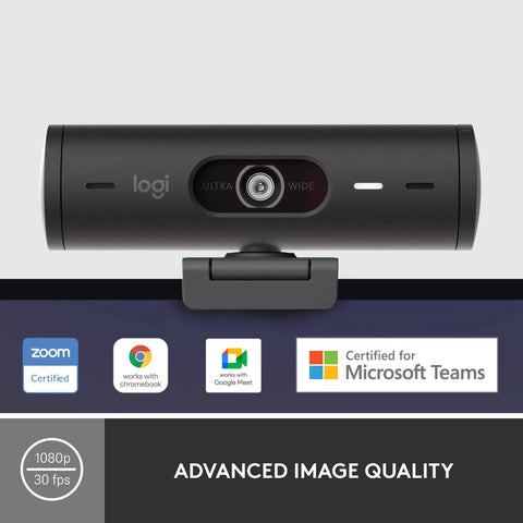 Built Different Brio 501 Full HD Webcam With RightLight 4 Tech 1080p Video Call Camera on monitor with universal clip.
