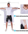 Emergency Disposable Rain Ponchos With Drawstring Hood For Adults Family Pack Clear 10 Pack shown on a standing man