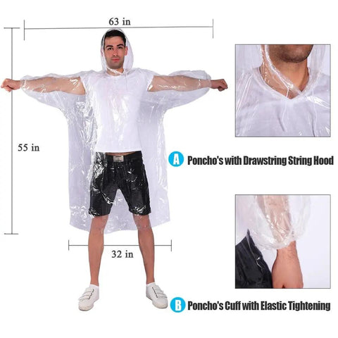 Emergency Disposable Rain Ponchos With Drawstring Hood For Adults Family Pack Clear 10 Pack shown on a standing man