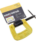 Heavy Duty C Shaped Clamp for Woodworking and Metalworking with deepened threads and yellow finish, shown with packaging