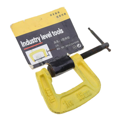 Heavy Duty C Shaped Clamp for Woodworking and Metalworking with deepened threads and yellow finish, shown with packaging