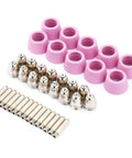 Jiawu Plasma Cutter Consumables Kit With 40 Pieces Electrode Nozzles And Ceramic Cups For CUT60 LGK60 Torch showing 15 nozzles, 10 ceramic cups, and connectors.