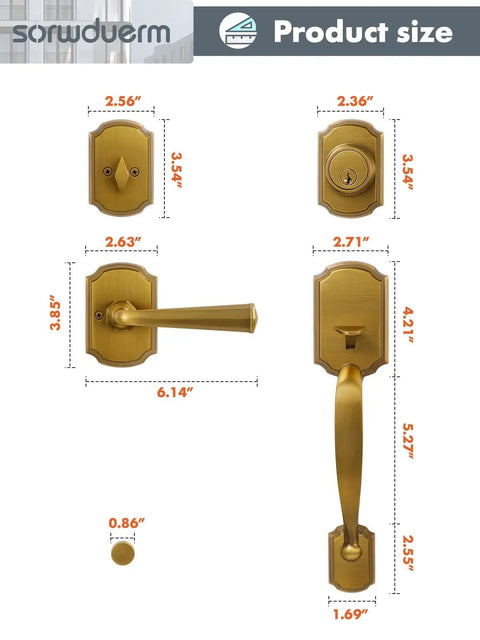Antique Brass Front Door Handle And Deadbolt Set With Reversible Lever Handleset Dope Security Lock And Key size diagram