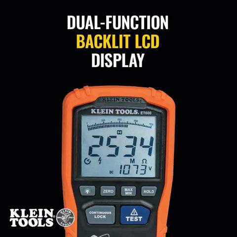 ET600 Multimeter Megohmmeter Insulation Tester with Auto-Ranging TRMS Readouts displaying measurements on backlit LCD.