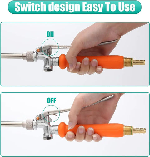 Close-up of Heavy Duty Sprayer Wand With Three Nozzles For Flexible Garden And Lawn Care, showing on and off switch operation.