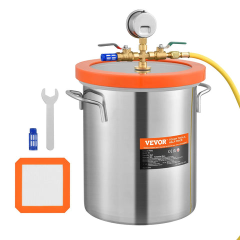 VEVOR 3-Gallon vacuum chamber with stainless steel body and orange lid; top gauge with brass fittings.
