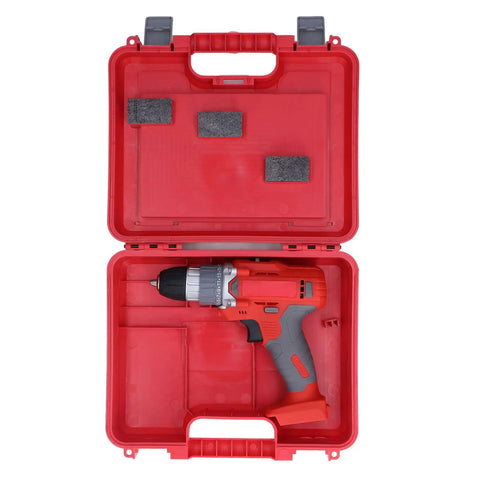 All Day Hassle Free Cordless Drill Driver With Dual Mode Switch Twenty Five Position Clutch High Torque Two Speed Gearbox in red case.