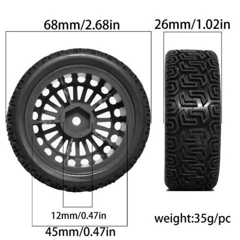 1x10 Scale RC Rally Tire Set 68mm Rubber Wheels for TT01 TT02 XV01 XV02 Models, side and front view dimensions