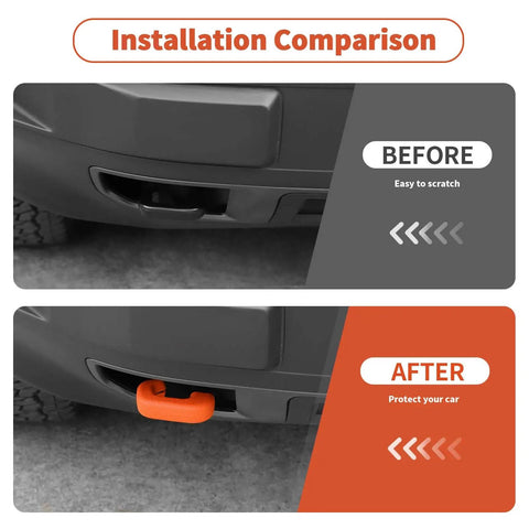 Installation comparison of Tow Hook Covers For Ford Bronco Sport And Maverick FX4 Off-Road Tremor showing before and after.