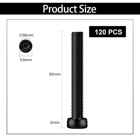 120 Pack M3x30mm Hex Socket Head Cap Screws 12.9 Grade Alloy Steel Black Oxide Full Thread Allen Drive dimensions shown.