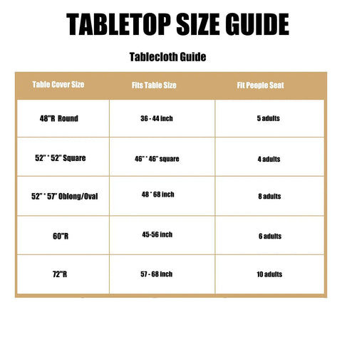 Tabletop size guide for round fitted tablecloth with elastic edge, 100 percent waterproof plastic cover, vinyl flannel backed