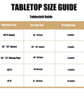 Tabletop size guide for table covers matching table size and seating capacity.