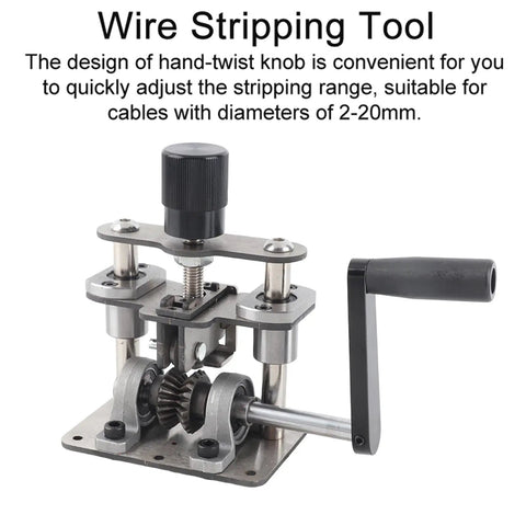 Upgrade Your Gear With This Heavy Duty Stainless Steel Wire Stripping Machine For Electric Drills Featuring Hand Crank Scrap Copper Cable Peeling Tool For 2 To 20mm Diameter Wires Robust Build Quality For Tough Jobs, showing hand-twist knob and robust gears.