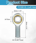 4 Pack 3/4 Inch Male Rod End Bearings With Jam Nuts, 3/4-16 UNF Left Hand Threads, ABEC3 Precision For Agriculture, Machinery, And CNC Equipment, Smooth, Flexible Motion In Tight Spots. POSB12L left-hand rod end bearing, 3/4 bore, 1045 steel