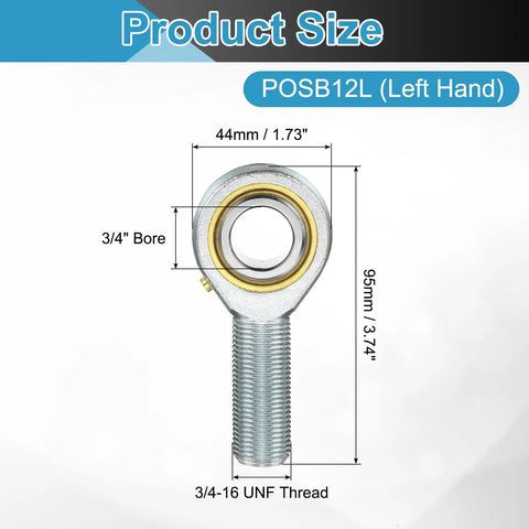 4 Pack 3/4 Inch Male Rod End Bearings With Jam Nuts, 3/4-16 UNF Left Hand Threads, ABEC3 Precision For Agriculture, Machinery, And CNC Equipment, Smooth, Flexible Motion In Tight Spots. POSB12L left-hand rod end bearing, 3/4 bore, 1045 steel