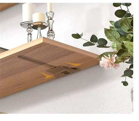 Heavy Duty Hidden Shelf Bracket For Wall Mounts supporting wooden shelf with decor items