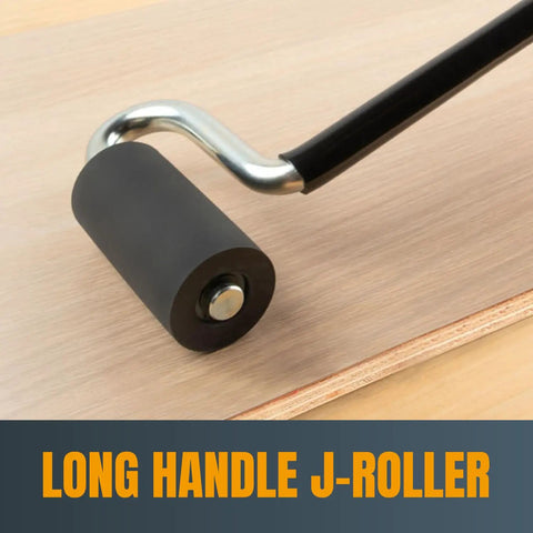 12 Inch Long Handle J Roller For Laminate And Veneer Applications with a one and a half inch diameter and three inch wide rubber roller