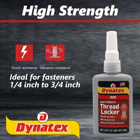 Front view of Red High Strength Thread Locker For Large Fasteners Permanent Lock Anaerobic Cure 1.69 Oz, shock and vibration resistant.