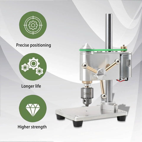 Straight Up Hella Precise Mini Bench Drill Micro Drilling Machine With Adjustable Speed Adapter For Diy Furniture Woodworking Plastics Aluminum And Composite Panels close-up of machine body and chuck.