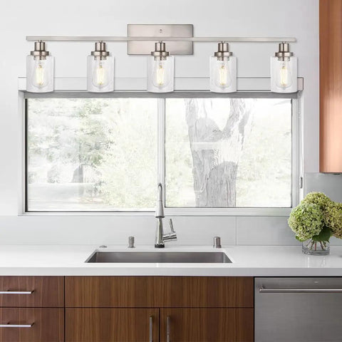 40 Inch Brushed Nickel Vanity Light Over Mirror Five Light Industrial Sconce Wall Lamp With Seeded Glass Shades For Bathroom Living Room And Hallway Modern Farmhouse Style That Adds A Dope Warm Glow above a kitchen sink