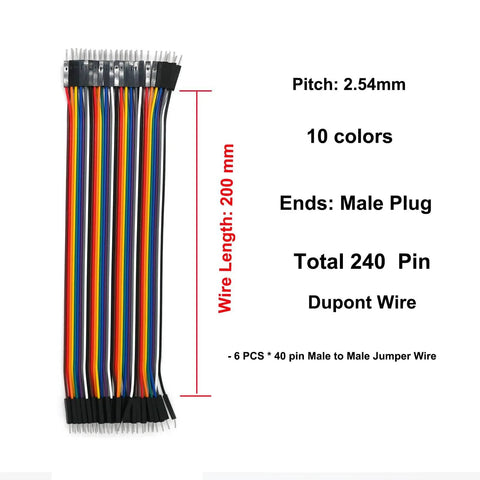 240 Pcs Multicolored Dupont Jumper Wires Kit 20cm Breadboard Ribbon Cables Male To Male 2.54mm Pitch Great For Arduino Projects And DIY Electronics Prototyping, showing wires with 10 colors, 200mm length.