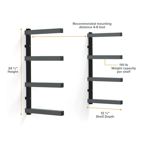 Must Have 4 Level Lumber Storage Rack For Garage Wall Mount Heavy Duty Metal Shelf dimensions and weight capacity details.