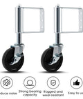 Two Pack Spring Loaded Gate Caster Wheels With Universal Mount Plate Heavy Duty Rubber Gate Caster 220 Lb Capacity 4 Inch Black Side Lock Brake Adjustable Height Shock Absorbing Design