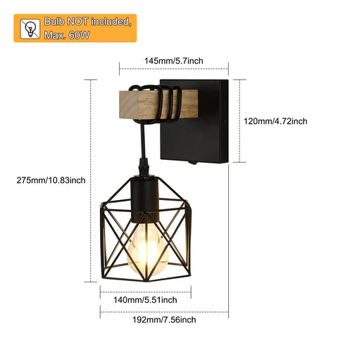 Black Wall Sconce Set With On Off Switch Dimmable Cage Wall Mount Light Fixture Industrial Farmhouse Lighting dimensions shown