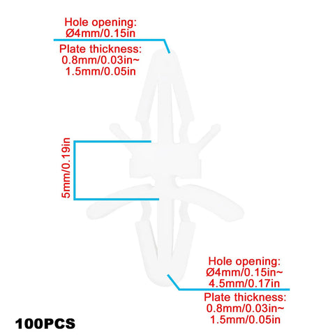 Top Shelf 100 Count White Pcb Standoff Mounting Clips Quick Snap Fit For 4Mm Holes dimensions detailed on product.