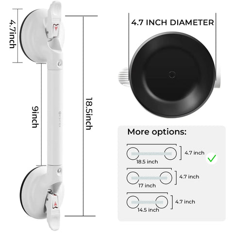 Diagram of Heavy Duty Shower Grab Bar With Mighty Suction For Bathtub And Shower Supports Up To 253 Pounds 18.5 Inch showing dimensions