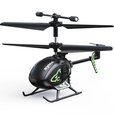 Palm Sized Mini RC Helicopter With Gyro Stabilizer And Altitude Hold, black with green accents, close-up view on white background