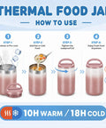 Instructions for using Big 27oz Wide Mouth Food Jar Made From Stainless Steel for hot or cold meals.