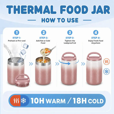 Instructions for using Big 27oz Wide Mouth Food Jar Made From Stainless Steel for hot or cold meals.