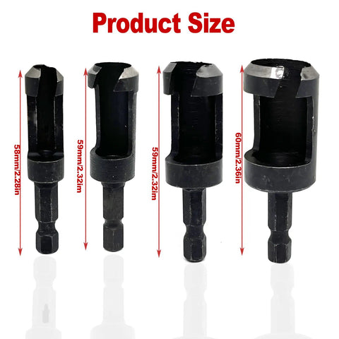 Heavy Duty Carbon Steel Wood Plug Cutter Drill Bit Set With Four Precision Sizes displaying different size bits for wood patch jobs.