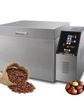No Sweat Heavy Duty Electric Coffee And Nut Roaster With Auto Timer and Adjustable Temperature Dial, stainless steel design with coffee beans.