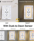 Six Outlet Wall Mount Extender With Three Sided Design And One Usb C Fast Charger Paired With A Soft Led Night Light displayed in day and night settings.