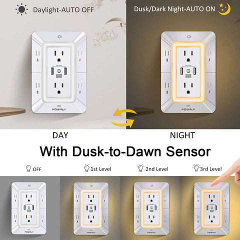 Six Outlet Wall Mount Extender With Three Sided Design And One Usb C Fast Charger Paired With A Soft Led Night Light displayed in day and night settings.