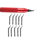 Front view of RB3000 metal deburring tool set with red knurled handle and ten HSS blades
