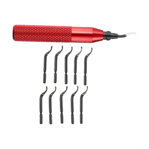 Front view of RB3000 metal deburring tool set with red knurled handle and ten HSS blades
