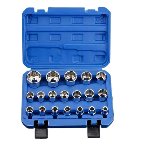Super Heavy Duty 12 Point Socket Wrench Set Up To 32mm With Locking Storage Box For Torx Hex And Splined Bits, blue case open