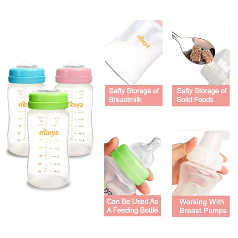 Six Pack Wide Neck Breast Milk Storage Bottles Eight Ounce in three colors, BPA-free for pumping, storing, and feeding.